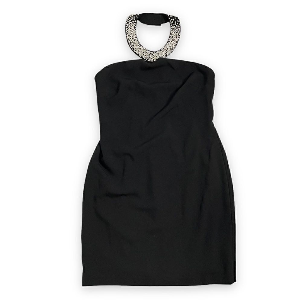 Karl Lagerfield Black Mini Dress with Beaded Pearl Necklace Collar Plus